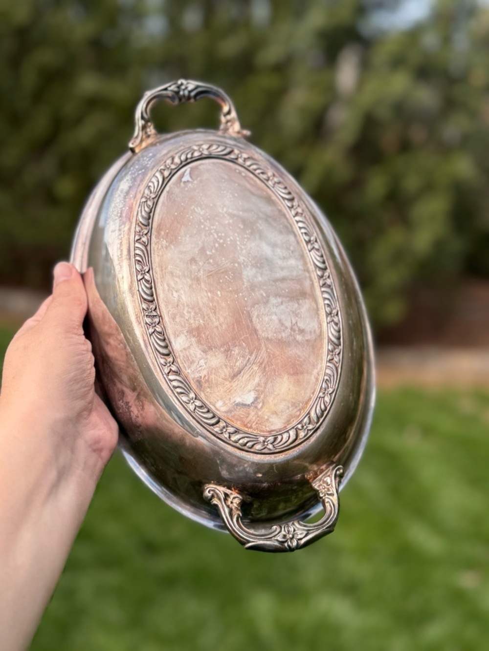 Vintage Silverplate Oval Serving Bowl Dish w Handles Footed 9.5”